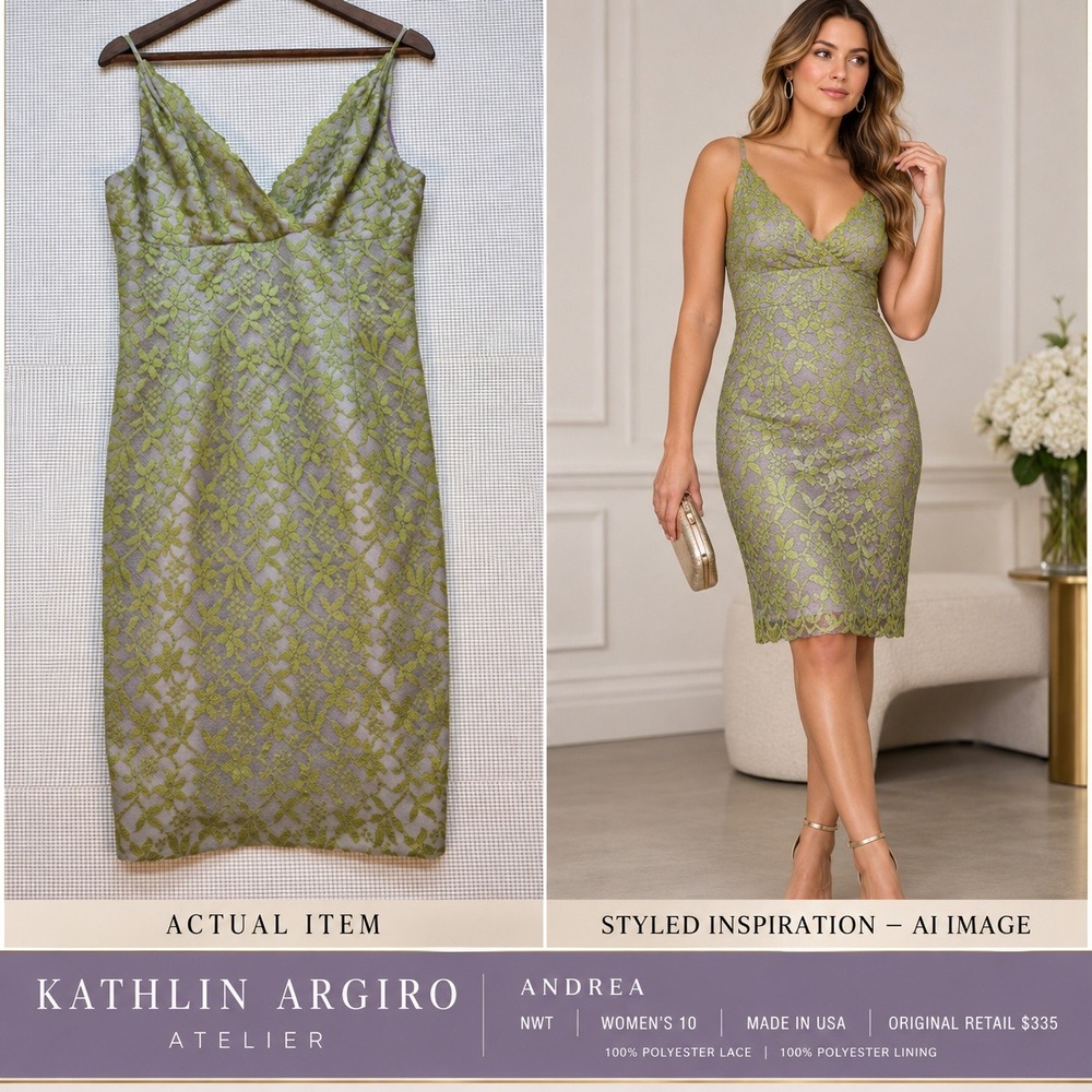 NWT Kathlin Argiro Atelier Andrea Dress Size 10 Green Lace Sheath Cocktail